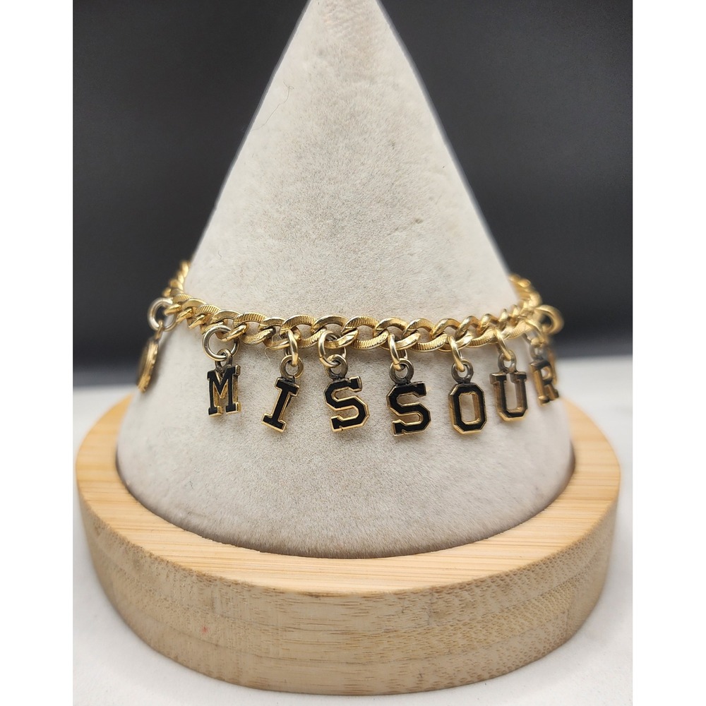 Vintage University of Missouri Mizzou Charm Bracelet Gold Tone Seal Lettering